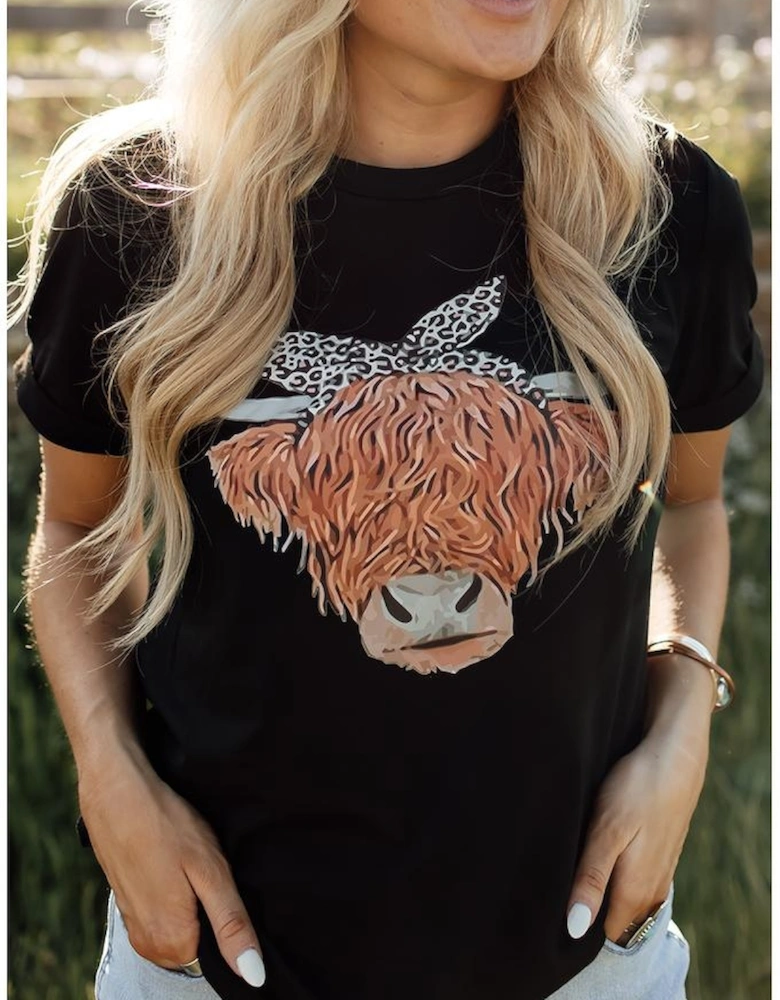 Black Western Cute Cow Head Printed Graphic Tee