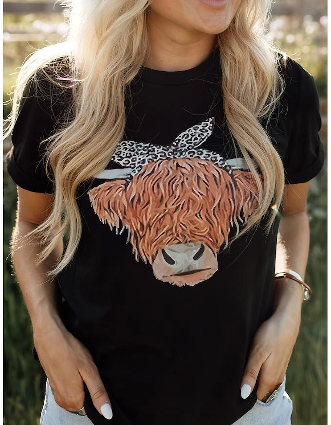 Black Western Cute Cow Head Printed Graphic Tee