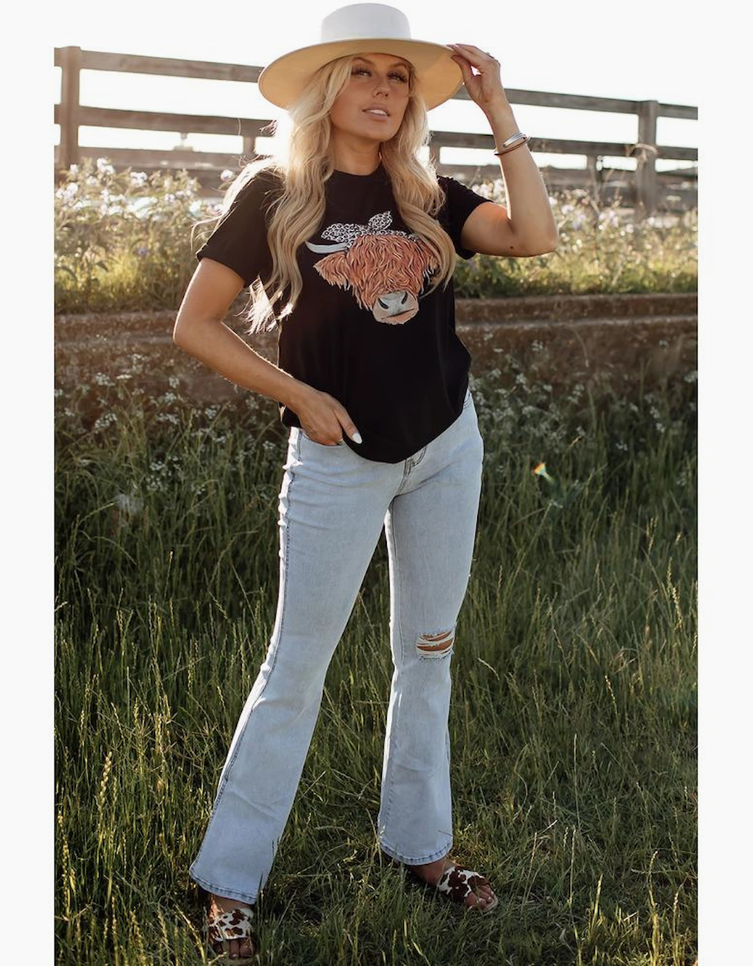 Black Western Cute Cow Head Printed Graphic Tee