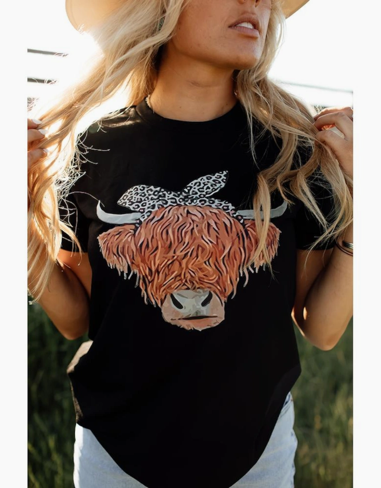 Black Western Cute Cow Head Printed Graphic Tee
