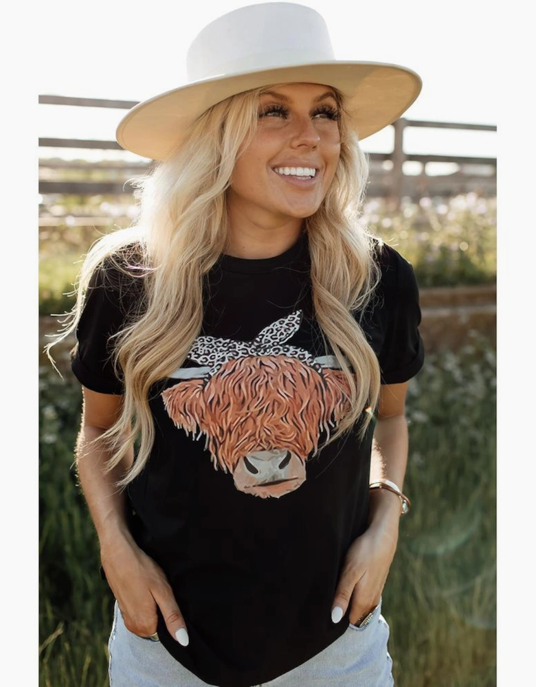 Black Western Cute Cow Head Printed Graphic Tee