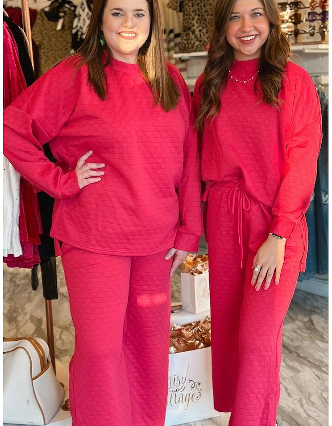 Strawberry Pink Checkered Textured Split Pullover Top and Pants Set