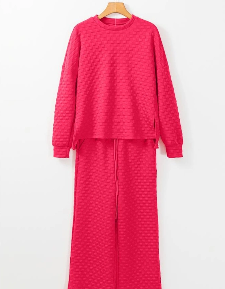 Strawberry Pink Checkered Textured Split Pullover Top and Pants Set