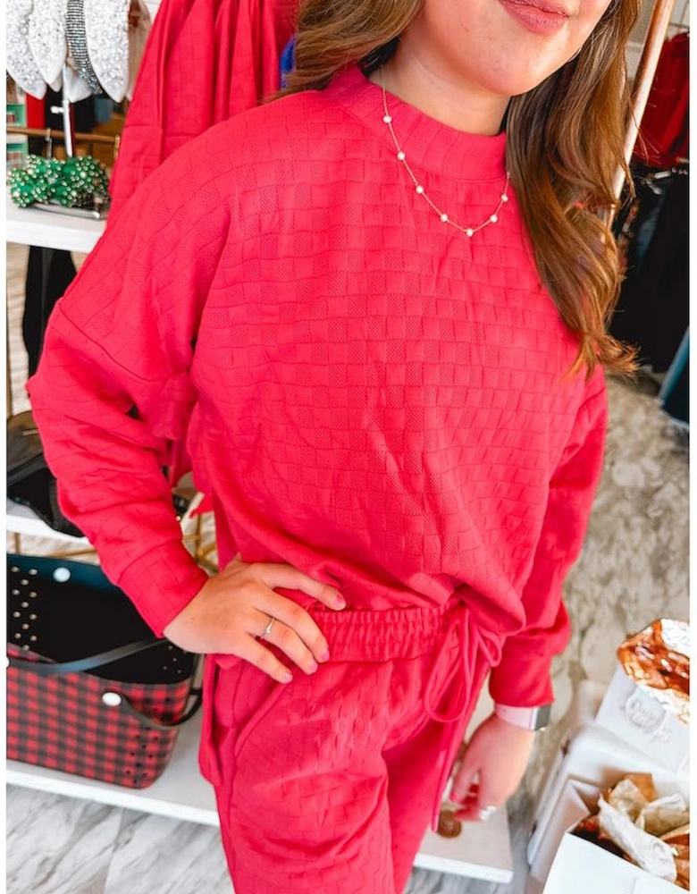 Strawberry Pink Checkered Textured Split Pullover Top and Pants Set