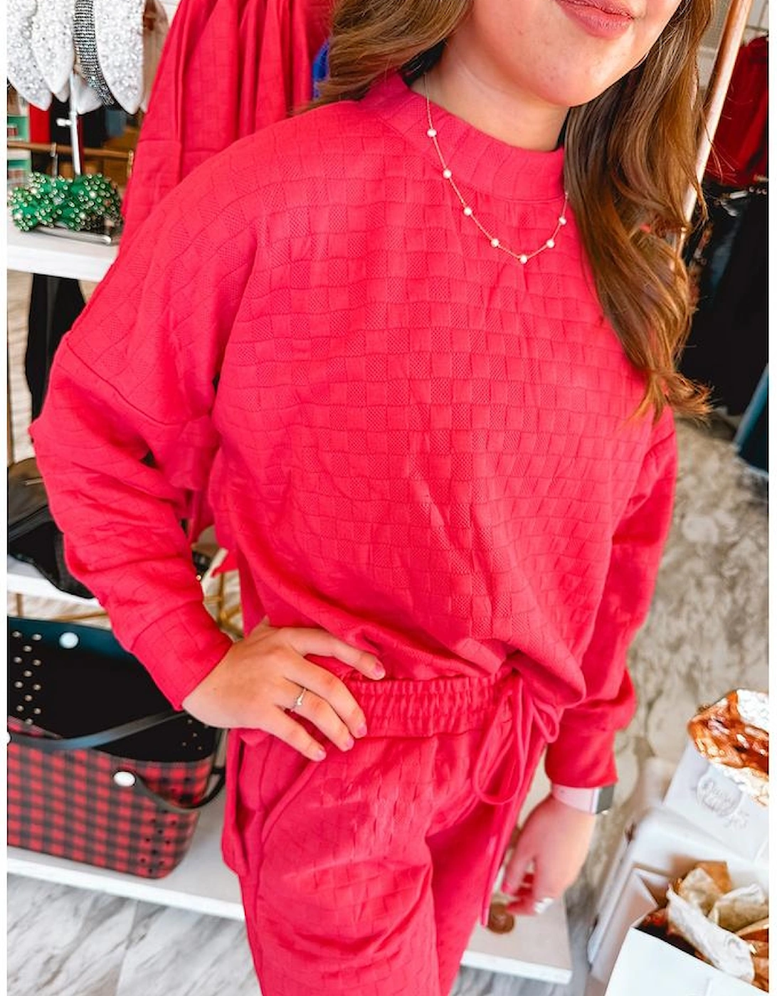 Strawberry Pink Checkered Textured Split Pullover Top and Pants Set, 11 of 10