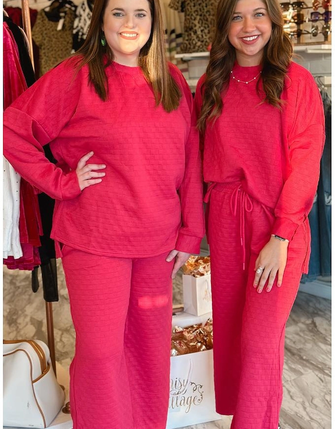 Strawberry Pink Checkered Textured Split Pullover Top and Pants Set