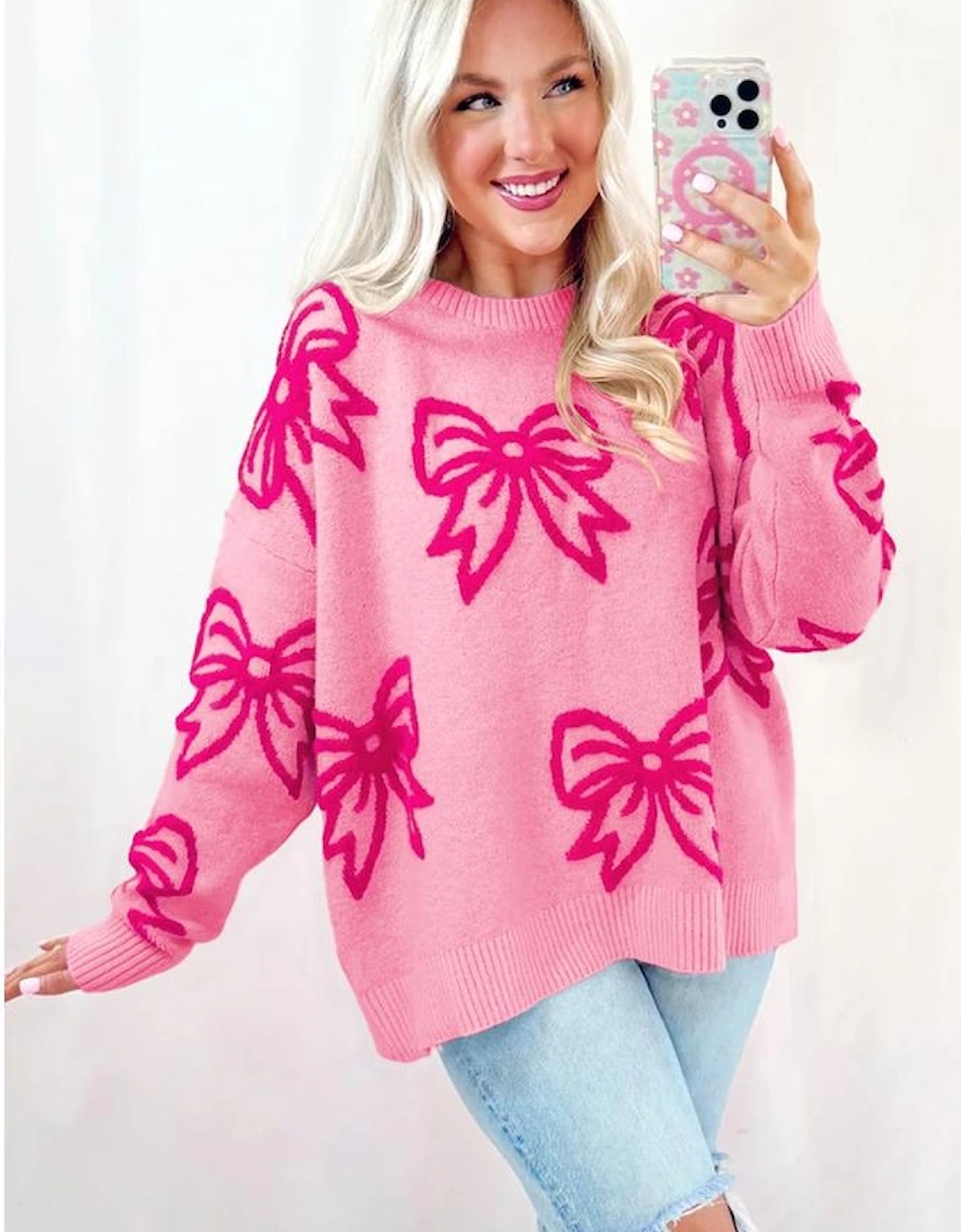 Pink Bow Pattern Drop Shoulder Loose Sweater