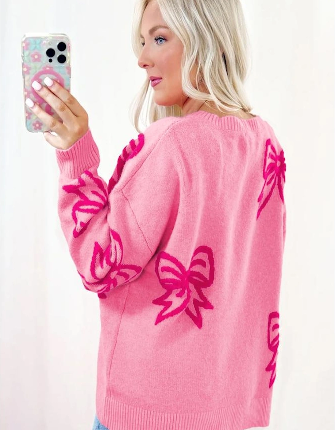 Pink Bow Pattern Drop Shoulder Loose Sweater