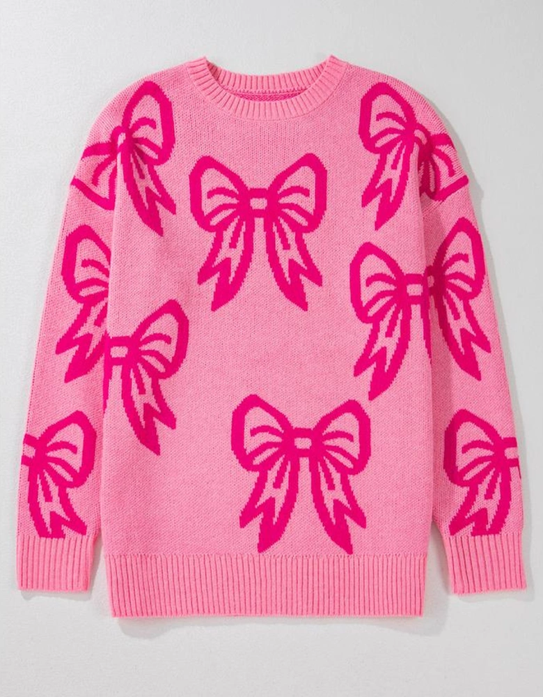 Pink Bow Pattern Drop Shoulder Loose Sweater