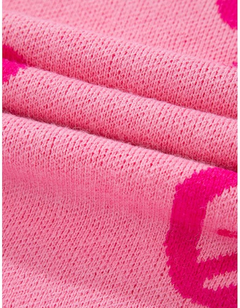 Pink Bow Pattern Drop Shoulder Loose Sweater