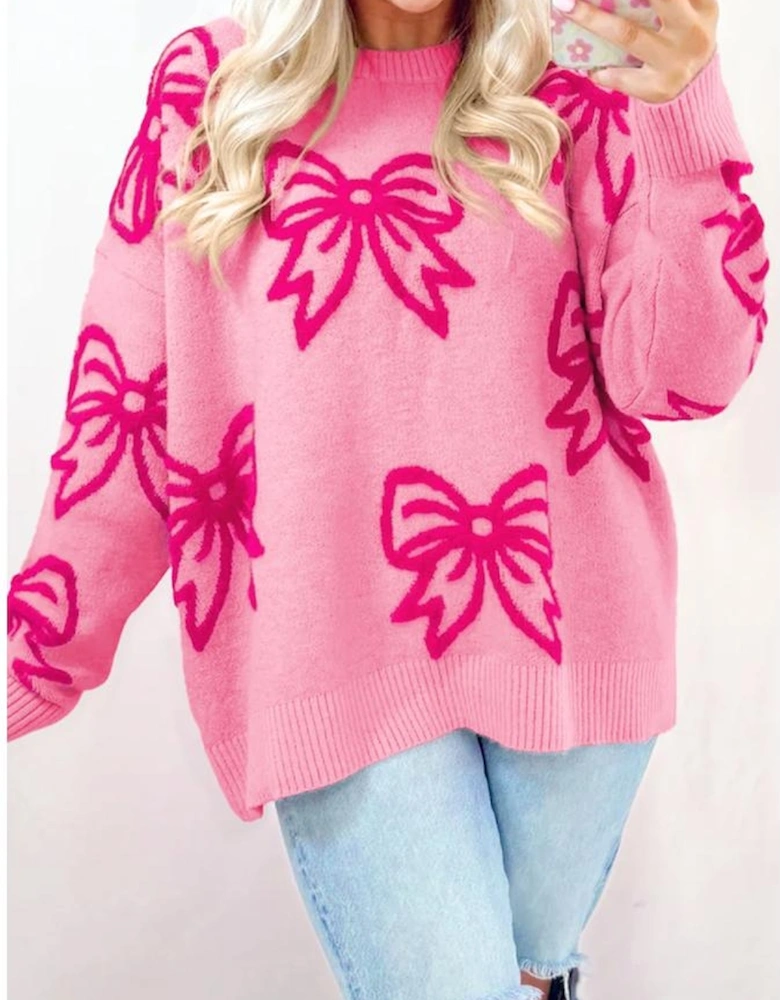 Pink Bow Pattern Drop Shoulder Loose Sweater
