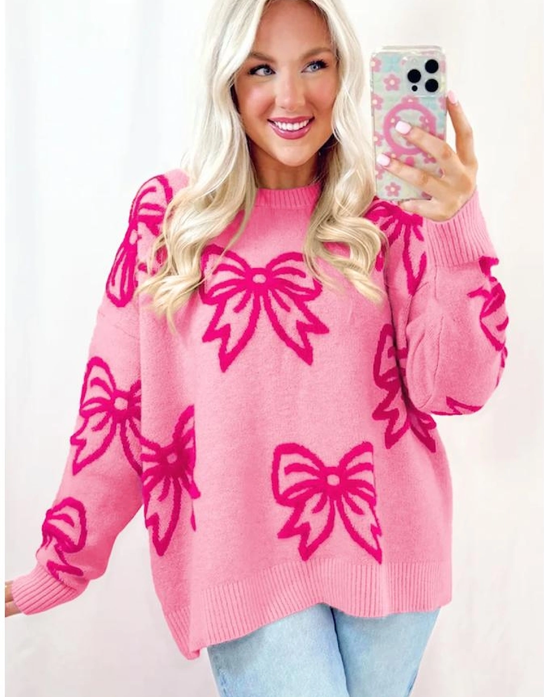 Pink Bow Pattern Drop Shoulder Loose Sweater, 12 of 11