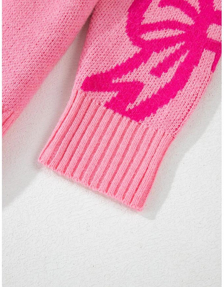 Pink Bow Pattern Drop Shoulder Loose Sweater