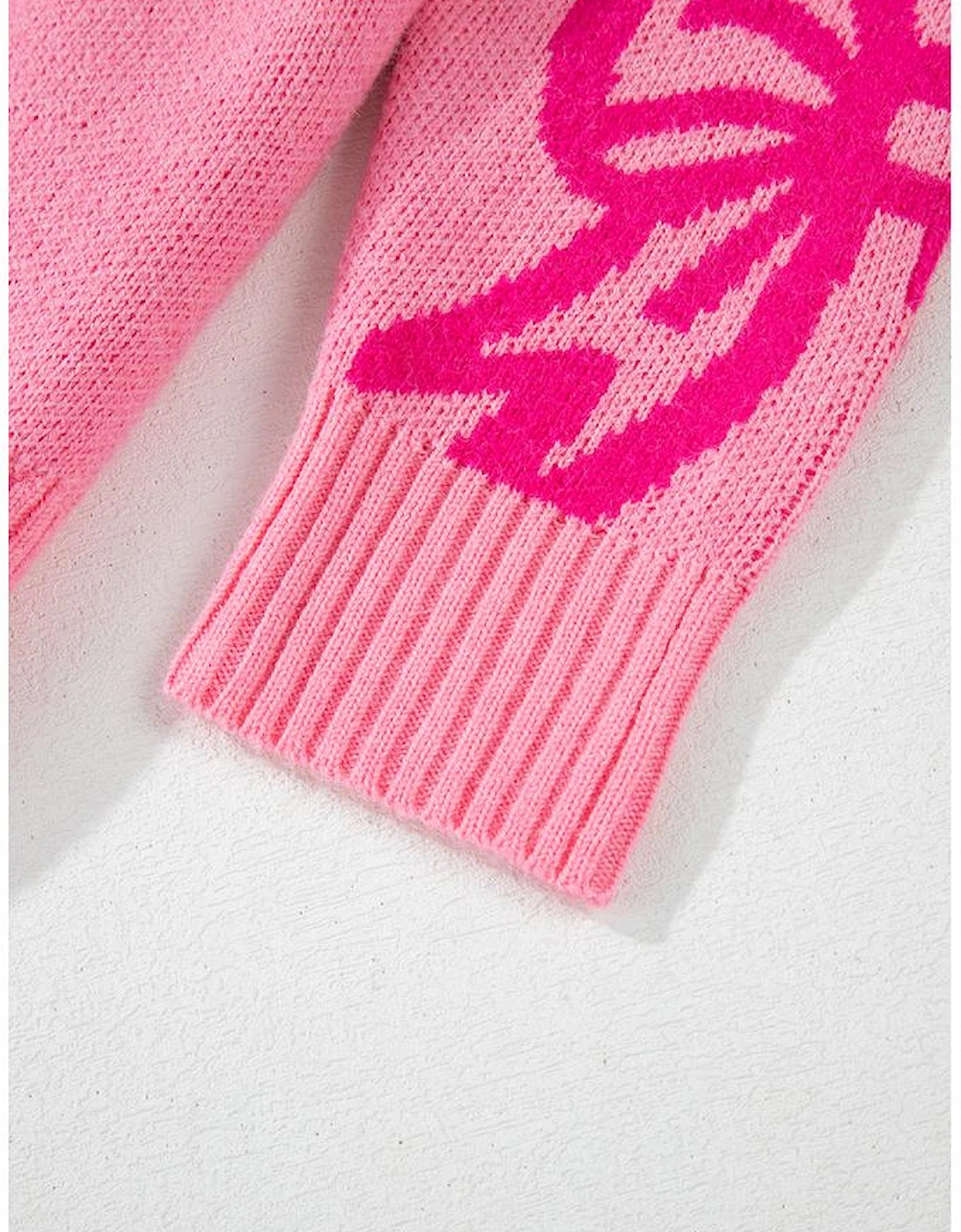 Pink Bow Pattern Drop Shoulder Loose Sweater