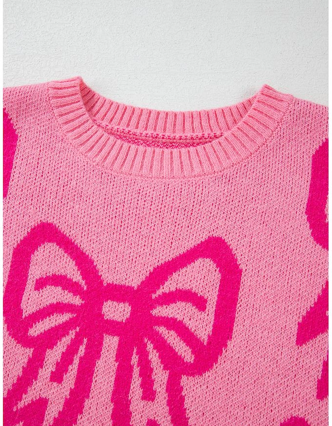 Pink Bow Pattern Drop Shoulder Loose Sweater