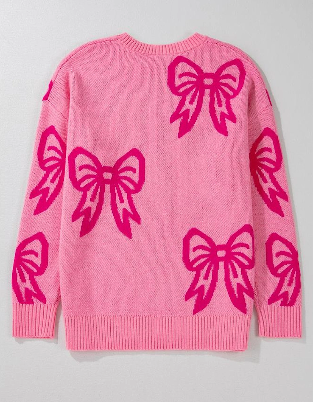 Pink Bow Pattern Drop Shoulder Loose Sweater