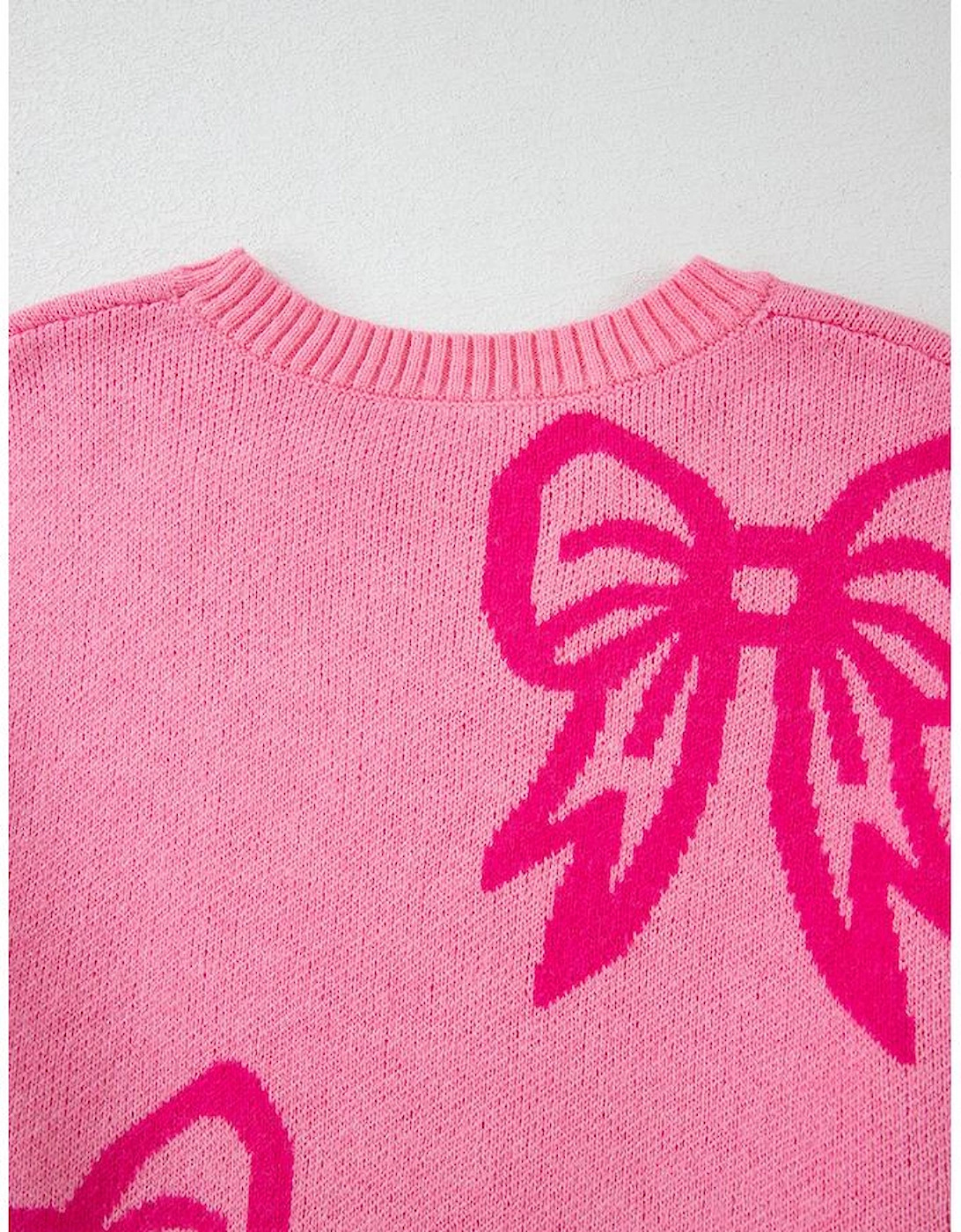 Pink Bow Pattern Drop Shoulder Loose Sweater