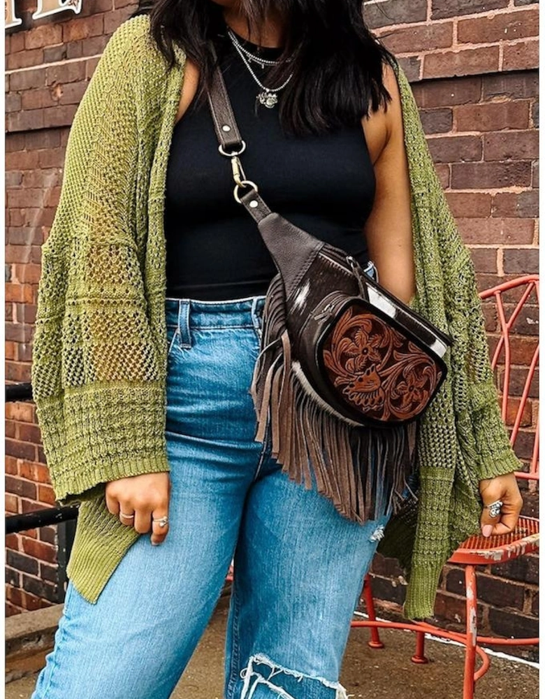 Spinach Green Oversize Crochet Knit Open Cardigan