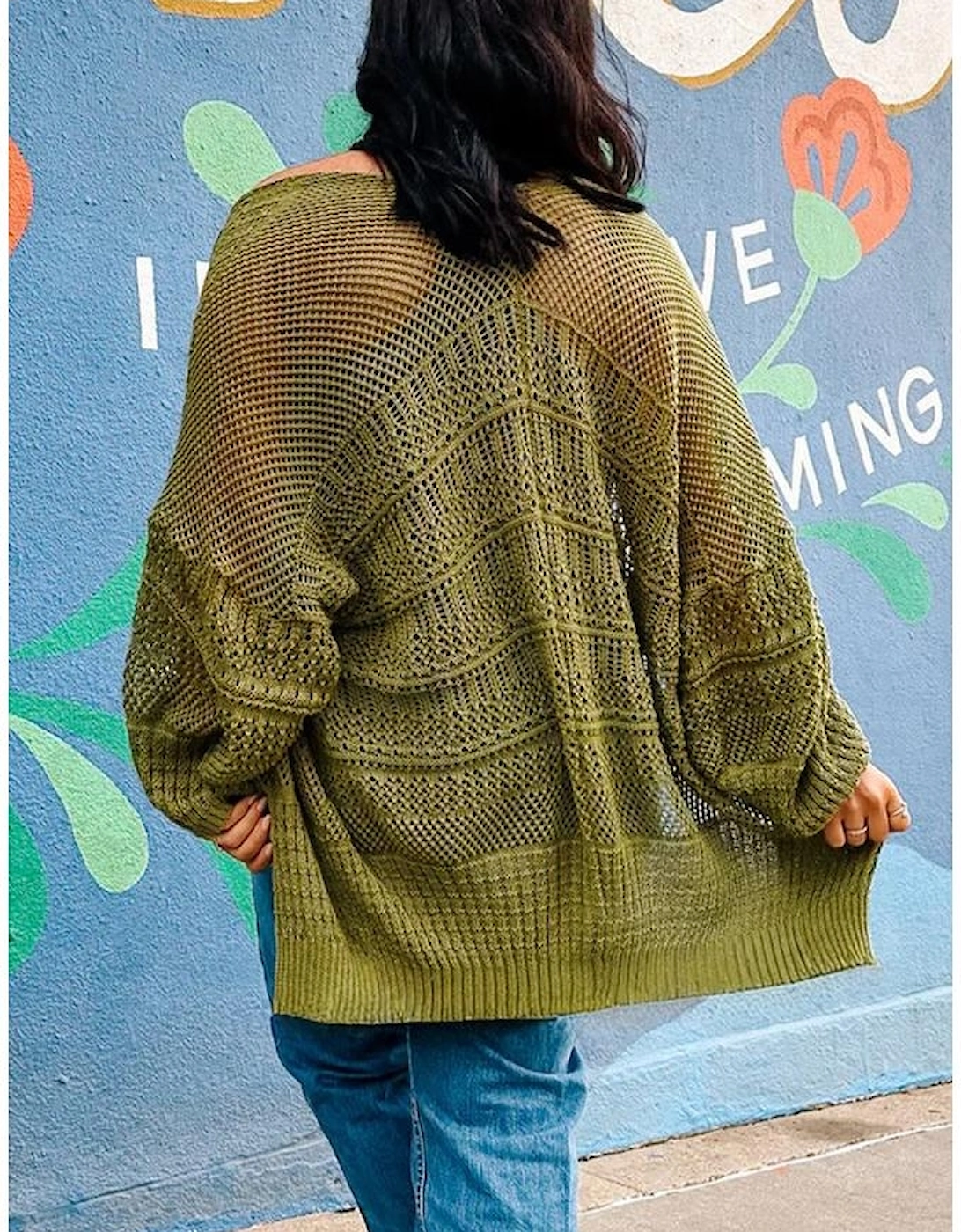 Spinach Green Oversize Crochet Knit Open Cardigan, 8 of 7