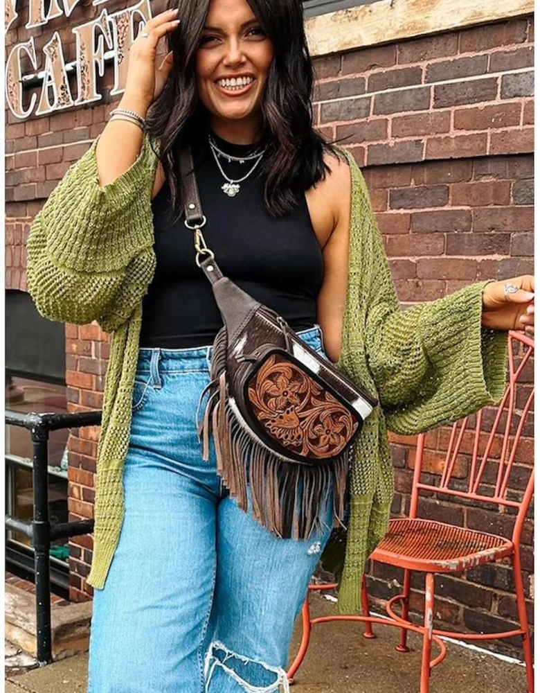 Spinach Green Oversize Crochet Knit Open Cardigan