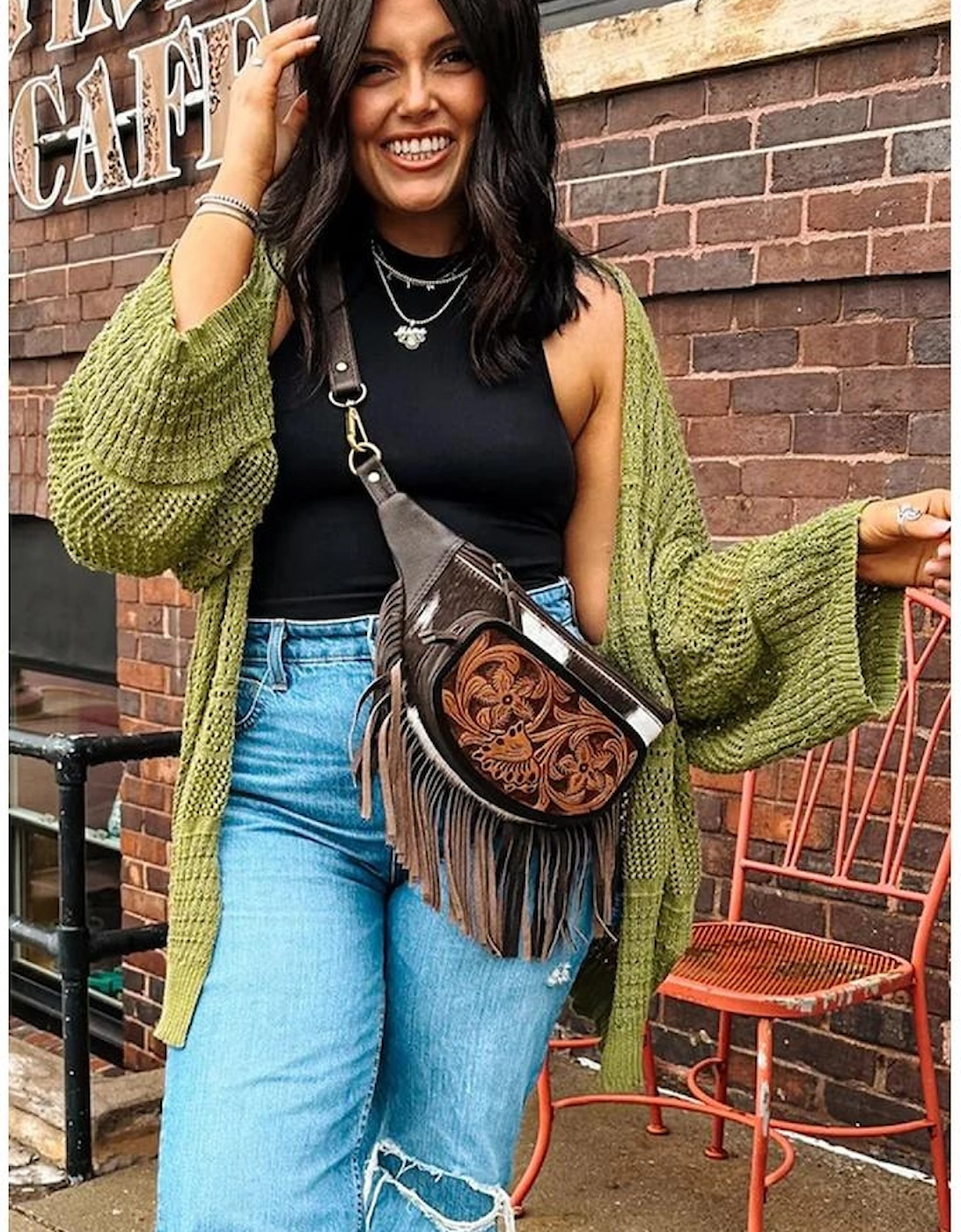 Spinach Green Oversize Crochet Knit Open Cardigan