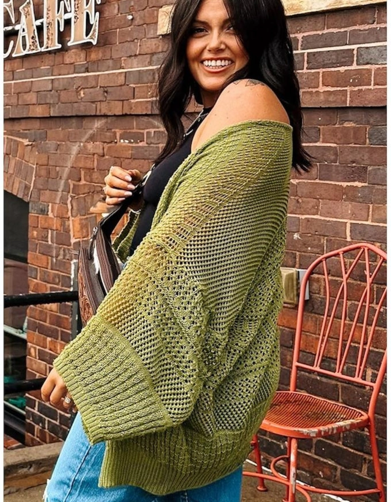 Spinach Green Oversize Crochet Knit Open Cardigan