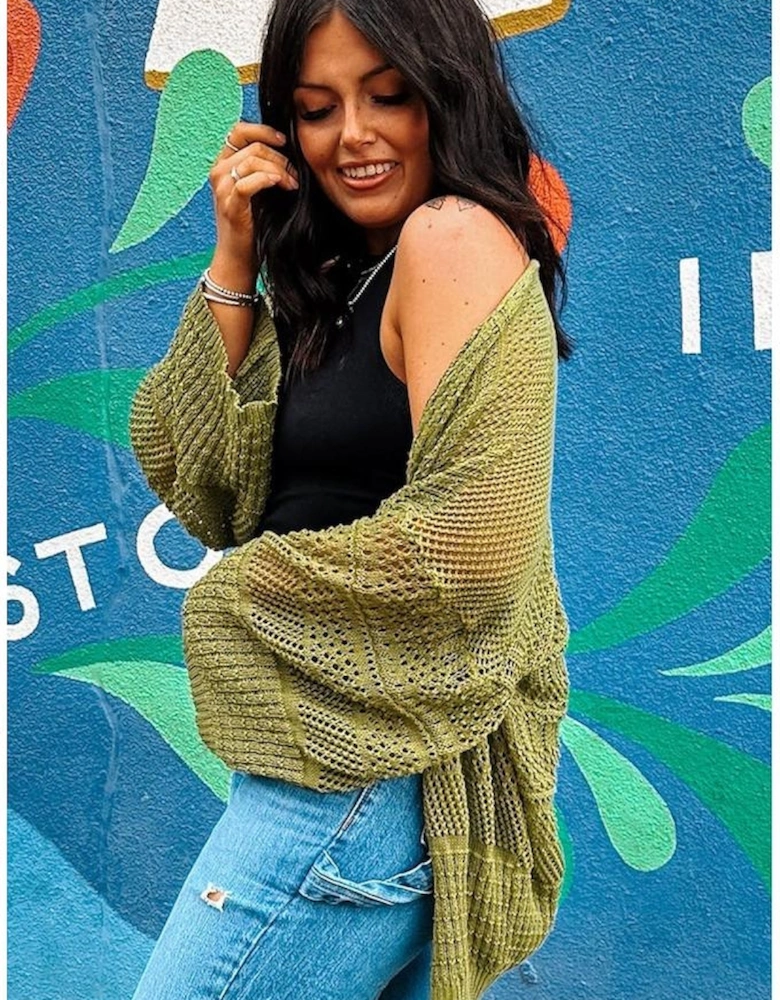 Spinach Green Oversize Crochet Knit Open Cardigan