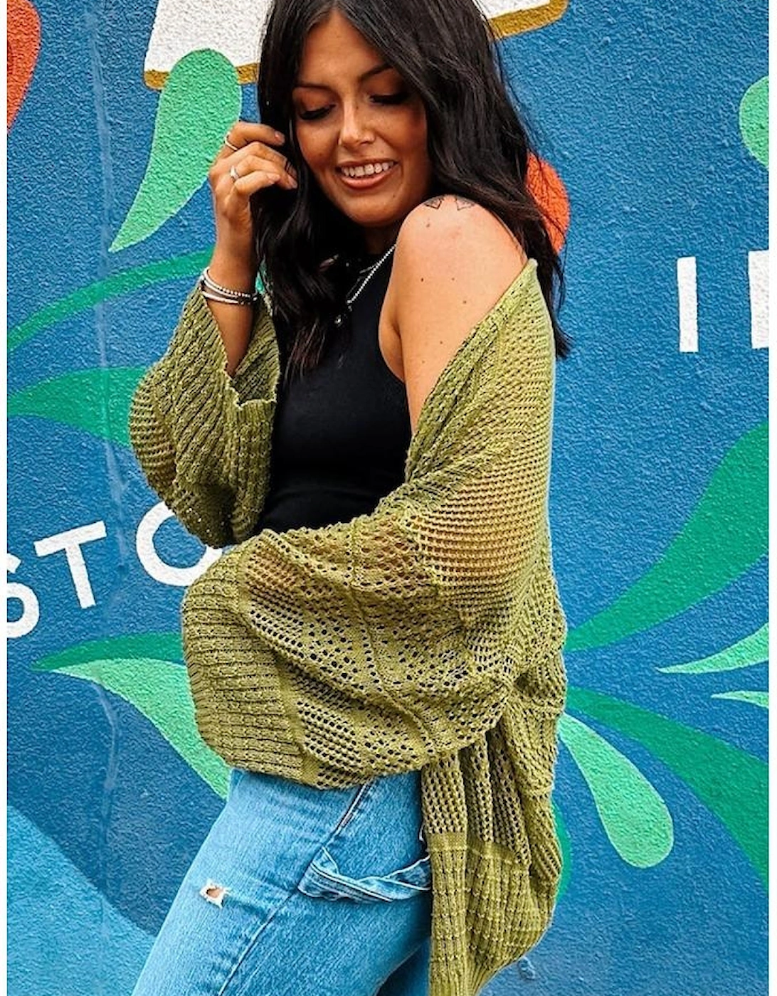 Spinach Green Oversize Crochet Knit Open Cardigan