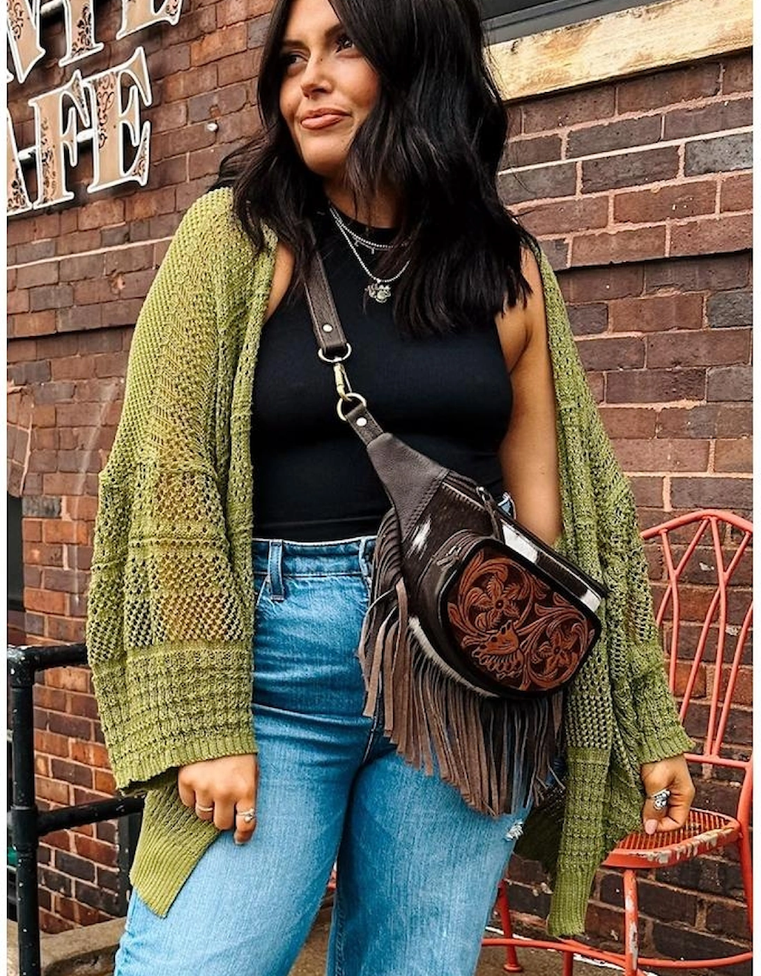 Spinach Green Oversize Crochet Knit Open Cardigan