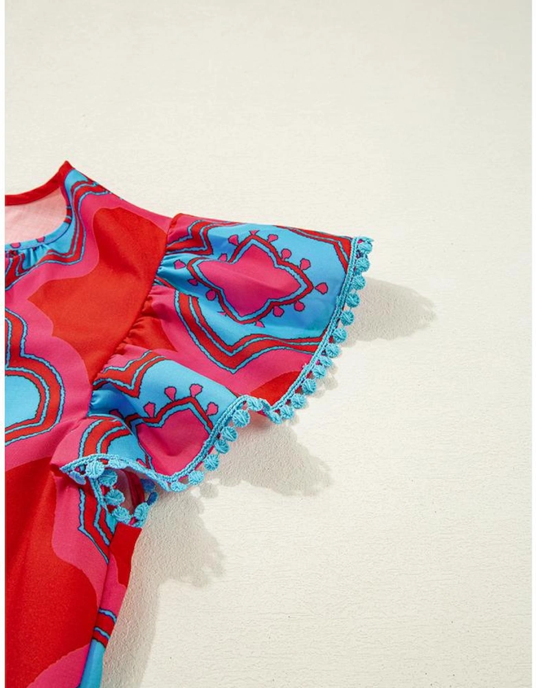 Red Abstract Floral Print Trimmed Flutter Sleeve Blouse