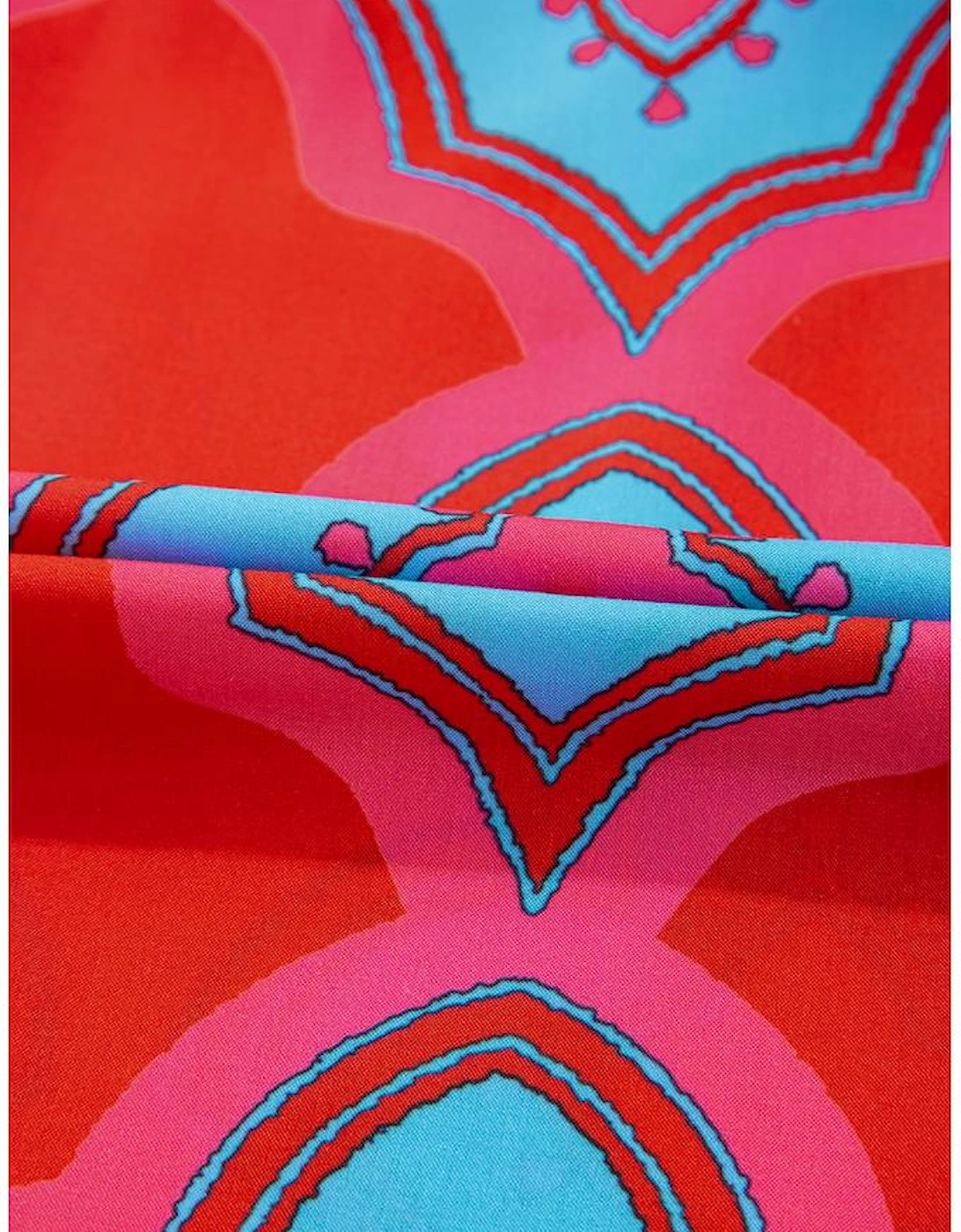 Red Abstract Floral Print Trimmed Flutter Sleeve Blouse