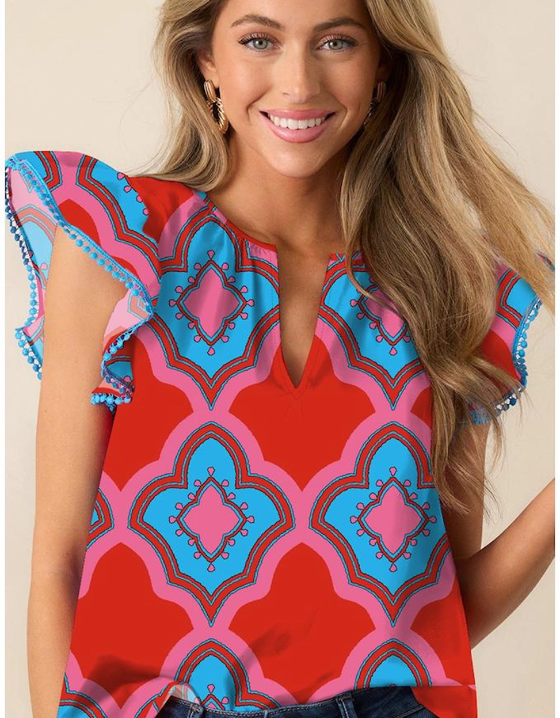 Red Abstract Floral Print Trimmed Flutter Sleeve Blouse