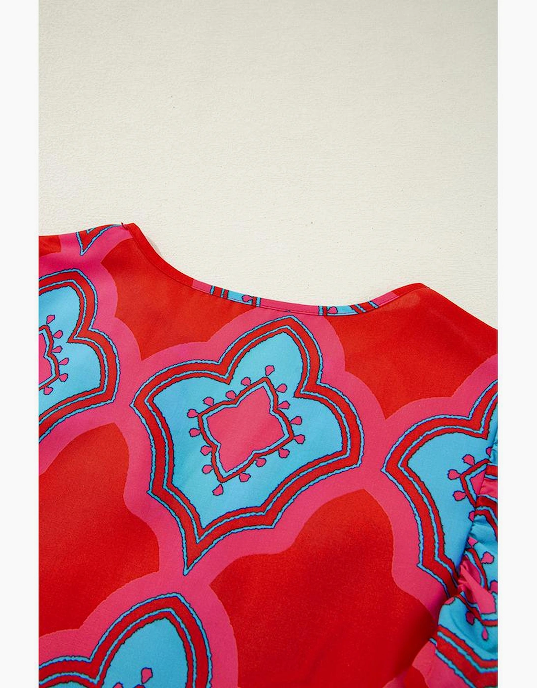 Red Abstract Floral Print Trimmed Flutter Sleeve Blouse