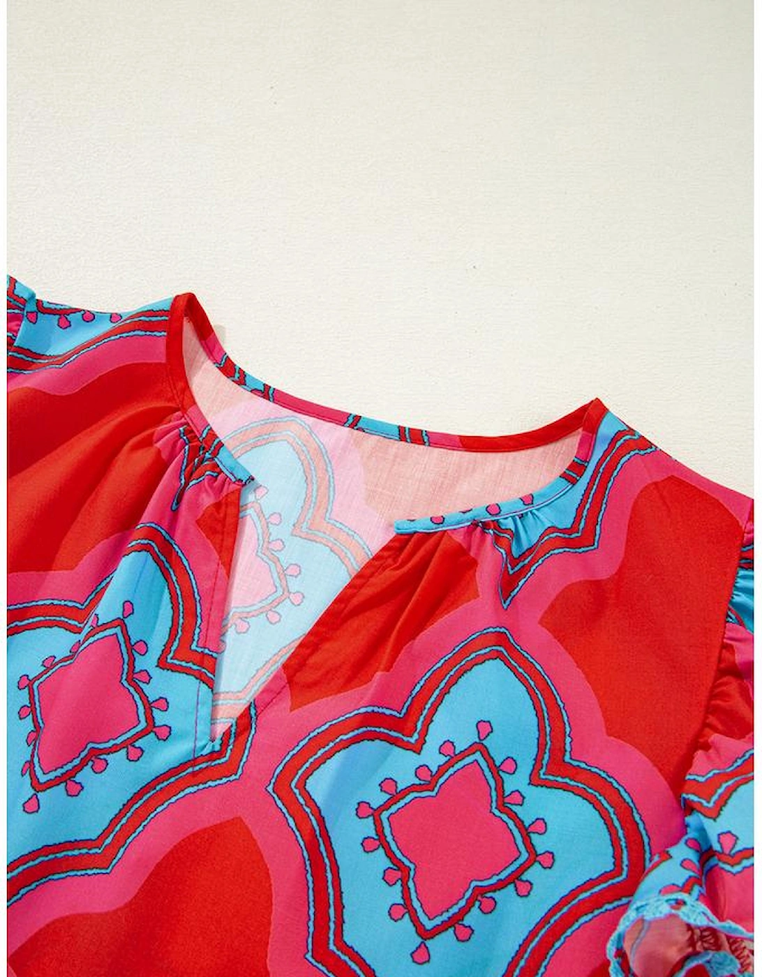 Red Abstract Floral Print Trimmed Flutter Sleeve Blouse