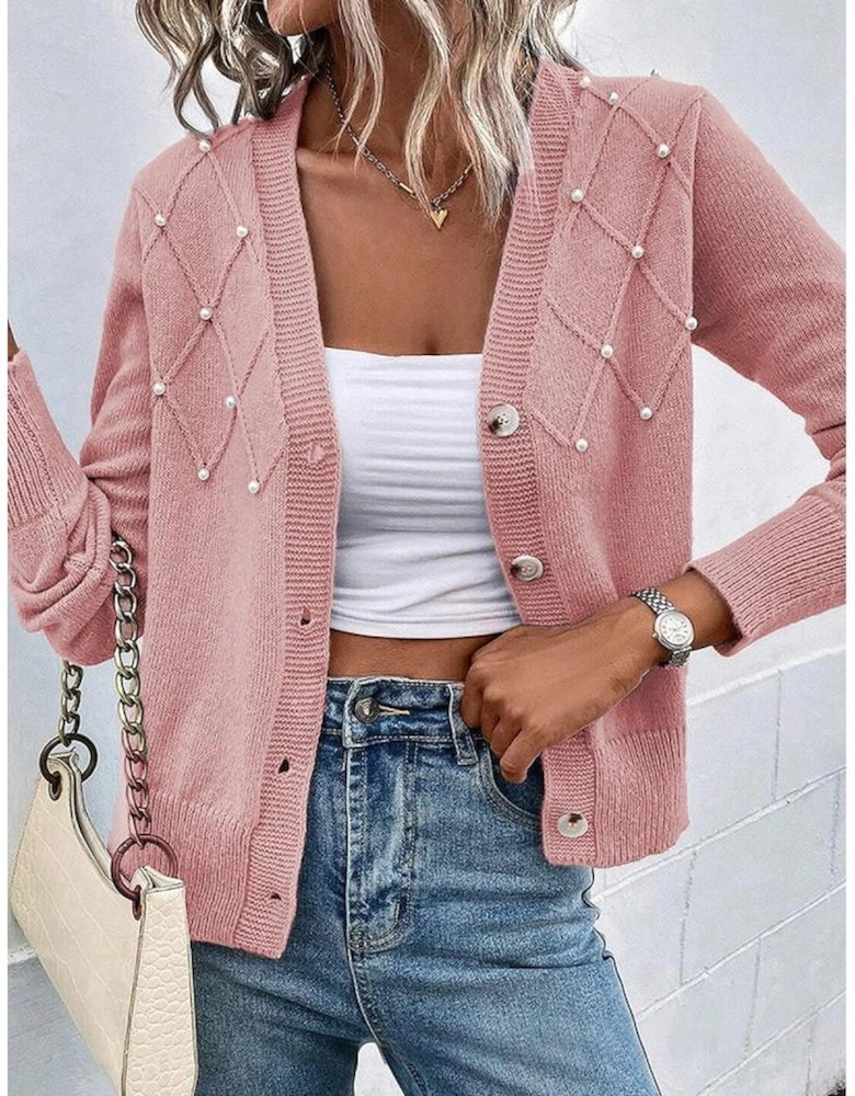 Sepia Rose Textured Knit Pearl Beaded Button Up Cardigan