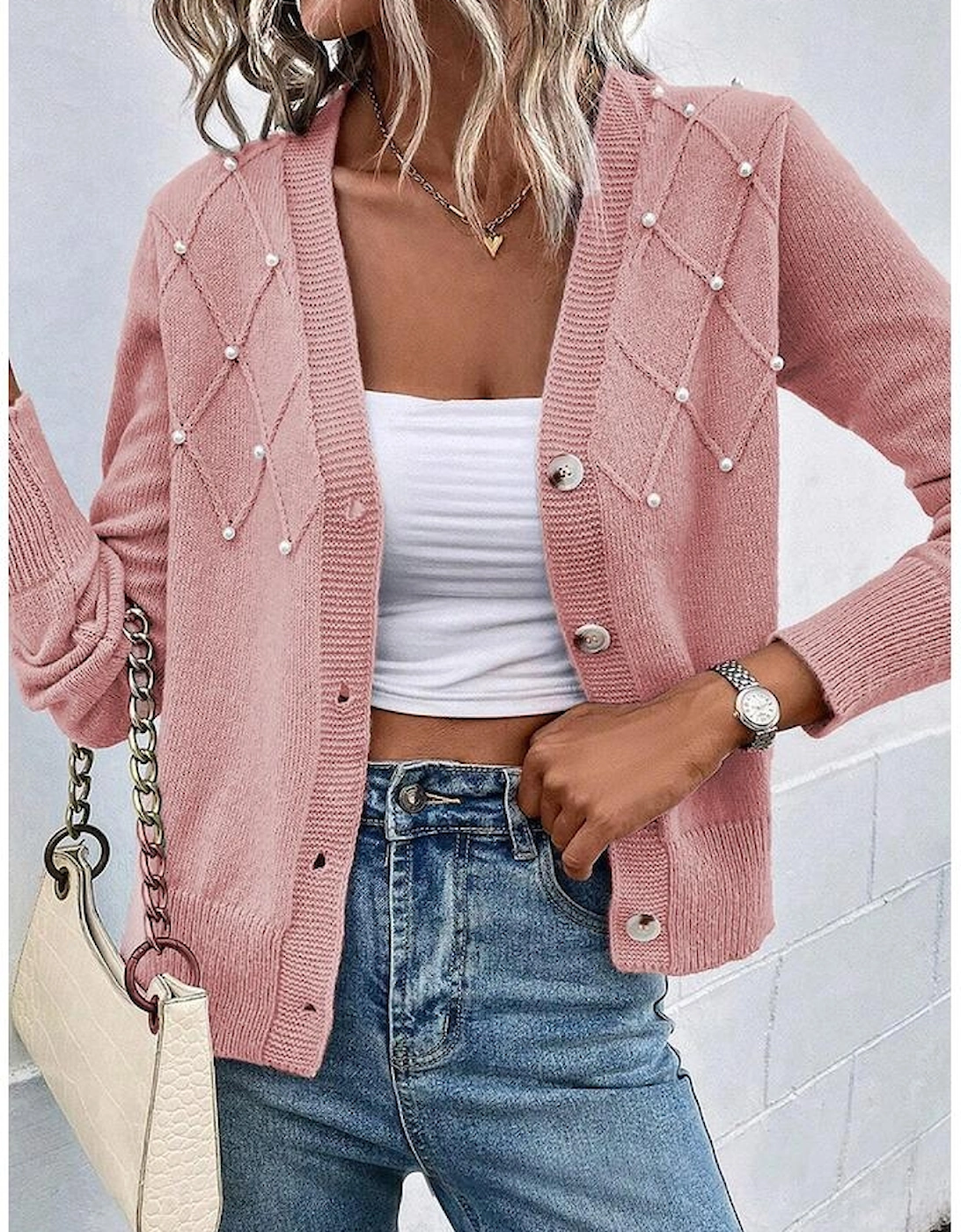 Sepia Rose Textured Knit Pearl Beaded Button Up Cardigan