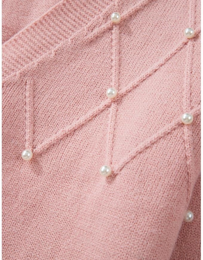 Sepia Rose Textured Knit Pearl Beaded Button Up Cardigan