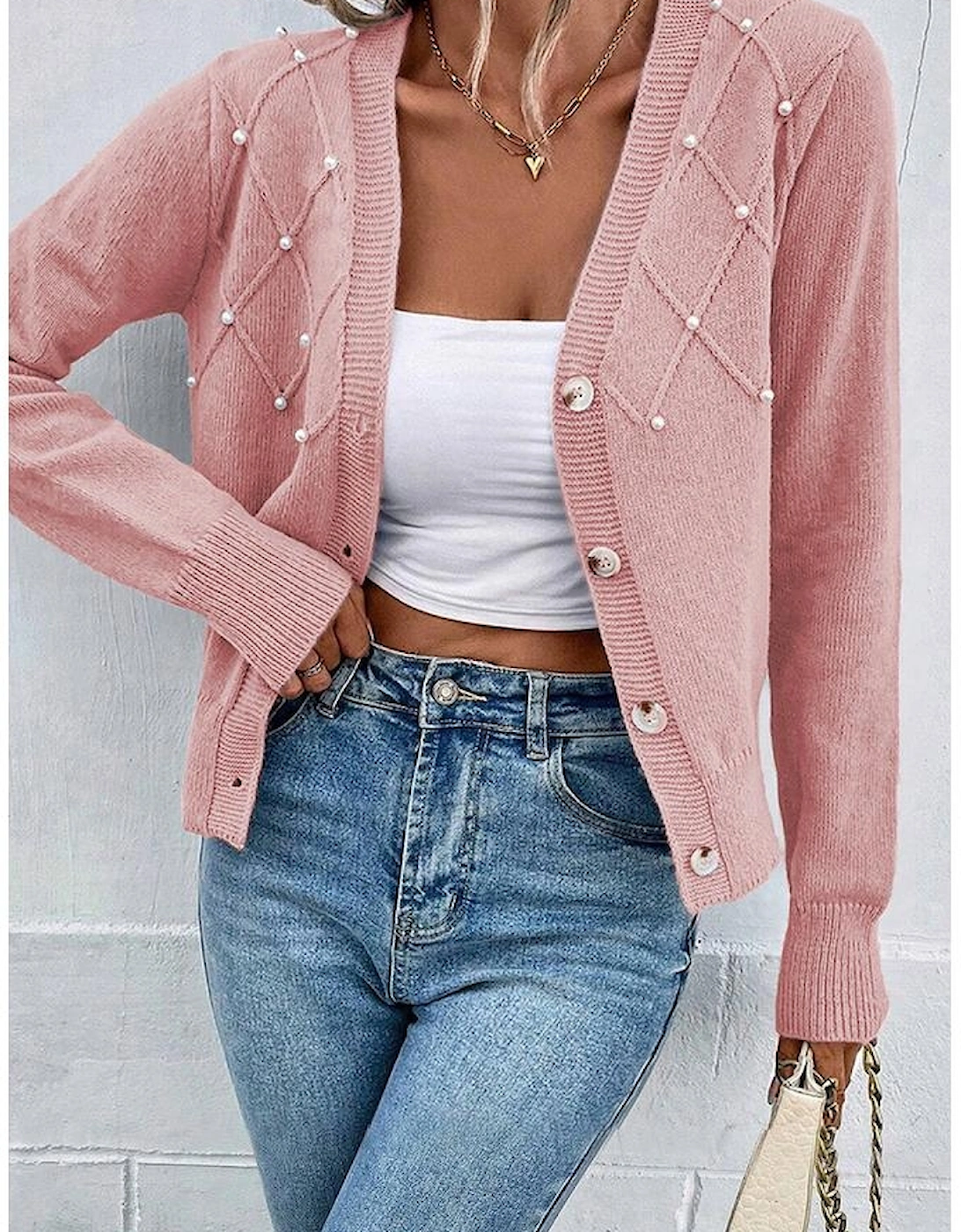 Sepia Rose Textured Knit Pearl Beaded Button Up Cardigan