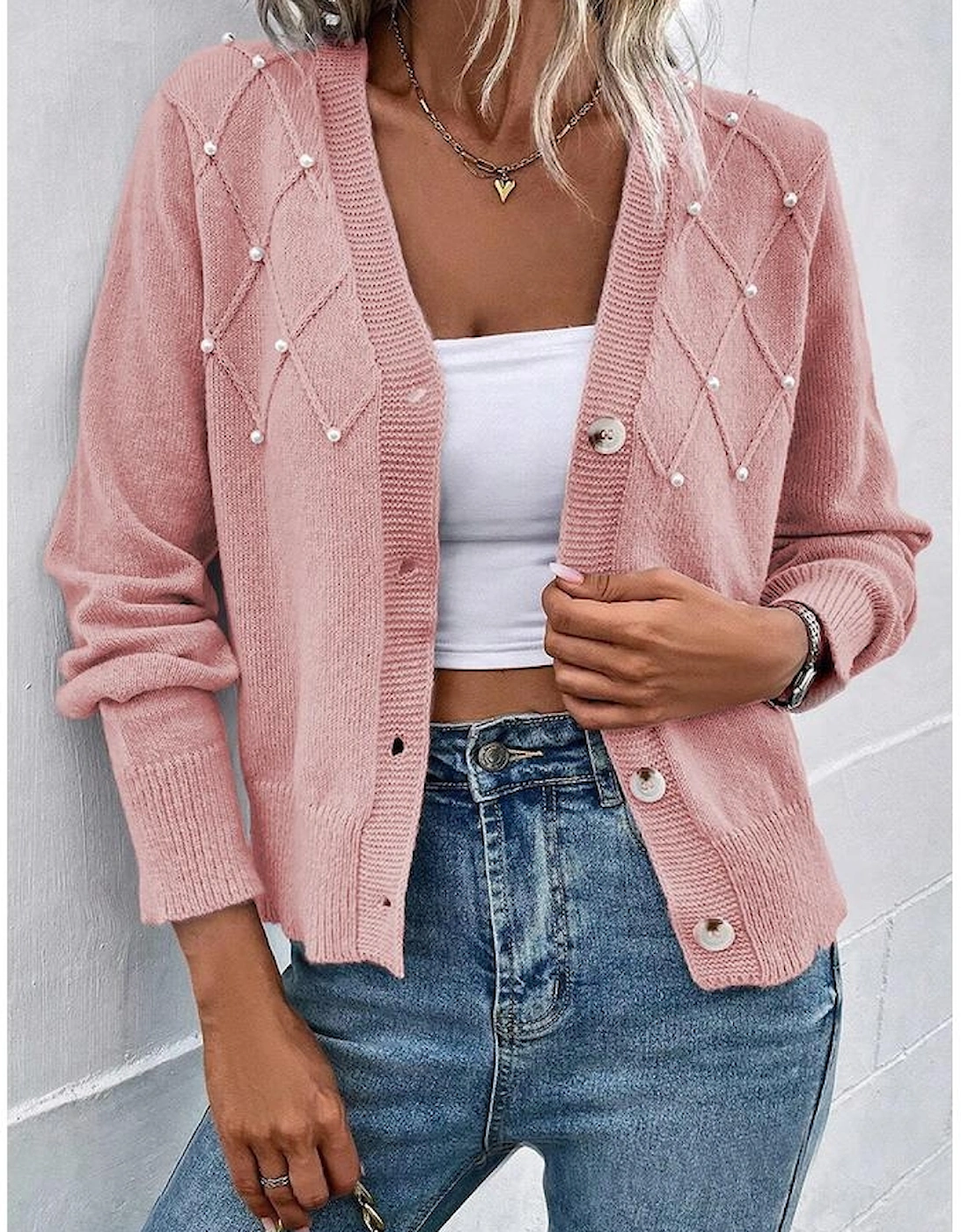 Sepia Rose Textured Knit Pearl Beaded Button Up Cardigan