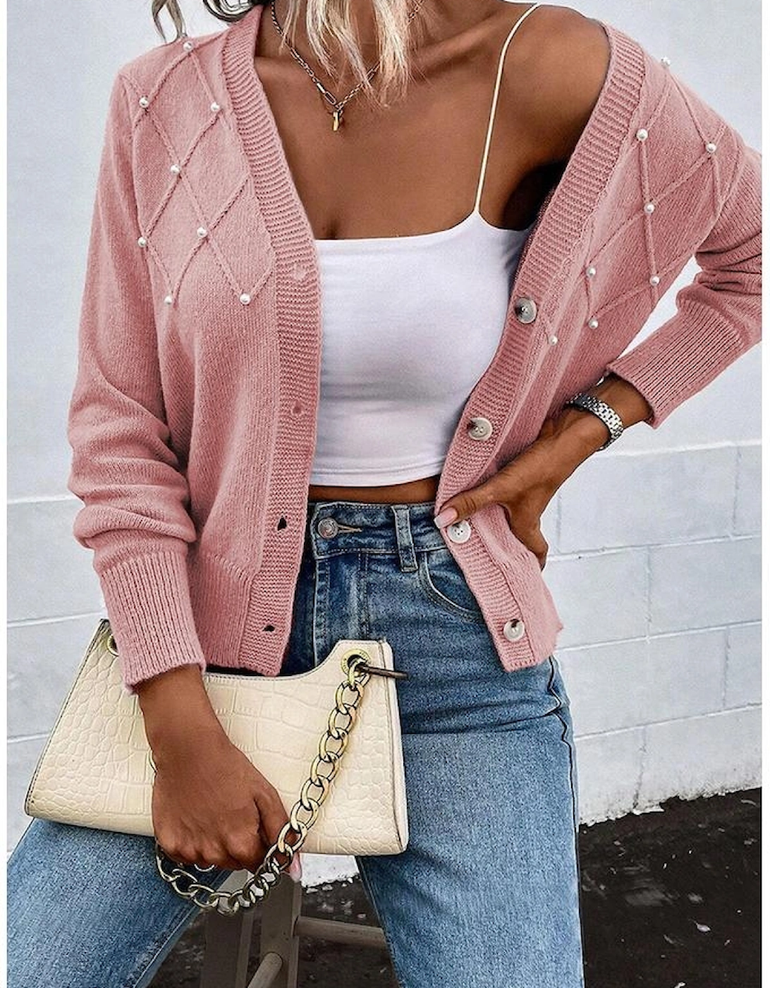 Sepia Rose Textured Knit Pearl Beaded Button Up Cardigan