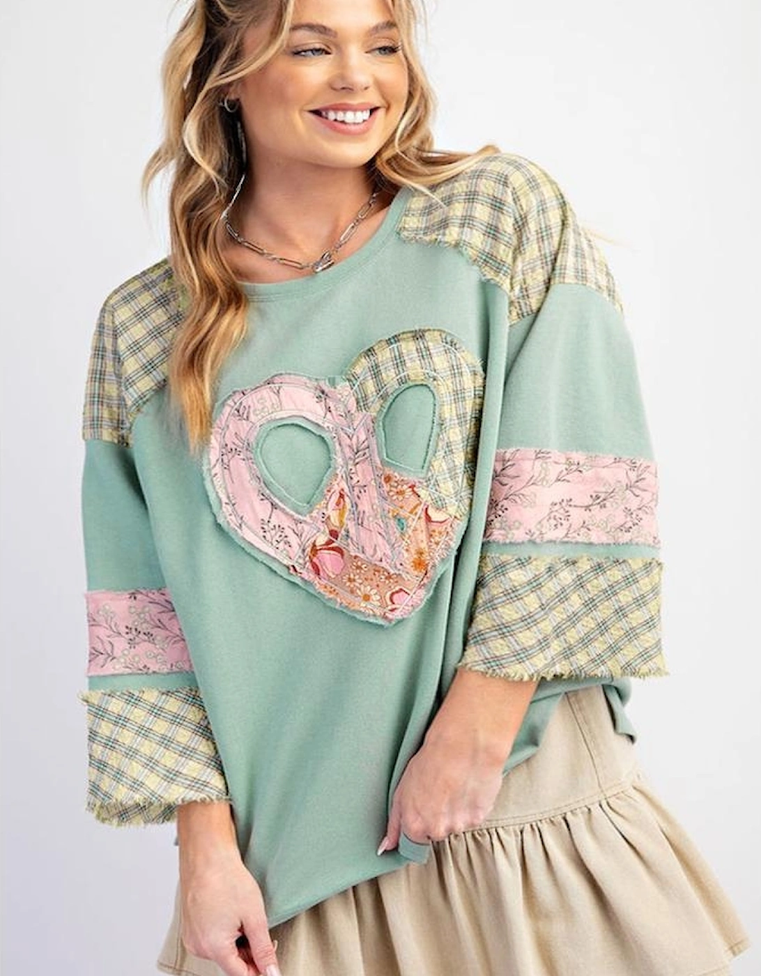 Clearly Aqua Plaid Floral Peace Heart Graphic Wide Long Sleeve Top