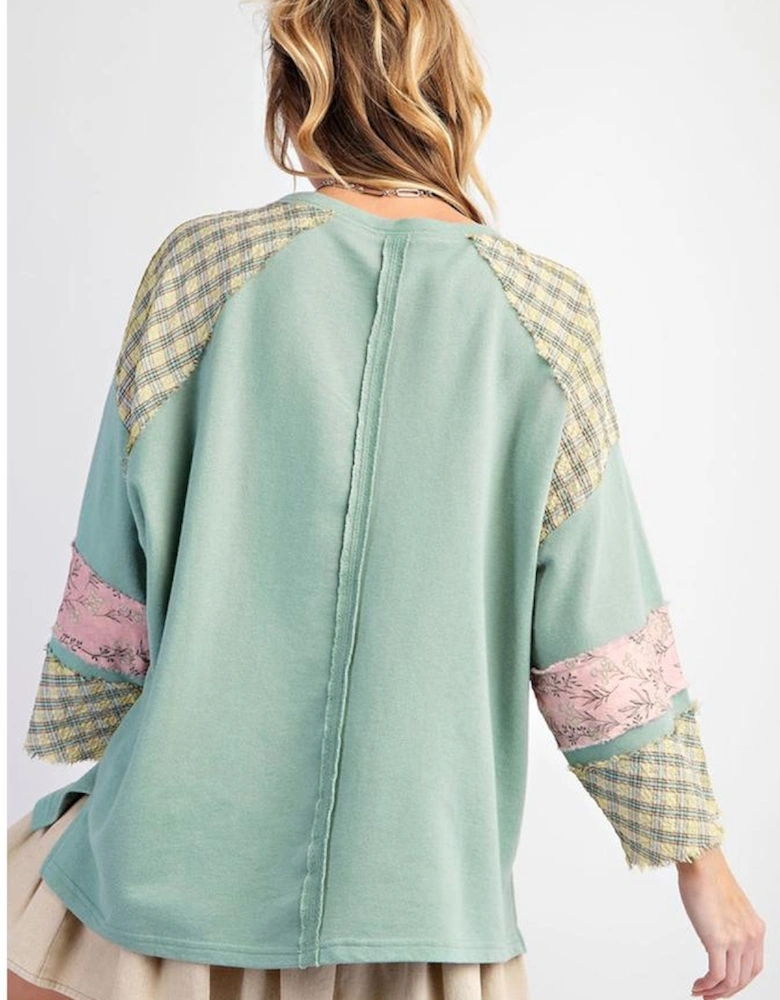 Clearly Aqua Plaid Floral Peace Heart Graphic Wide Long Sleeve Top