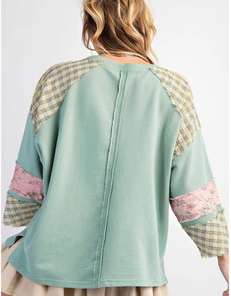 Clearly Aqua Plaid Floral Peace Heart Graphic Wide Long Sleeve Top