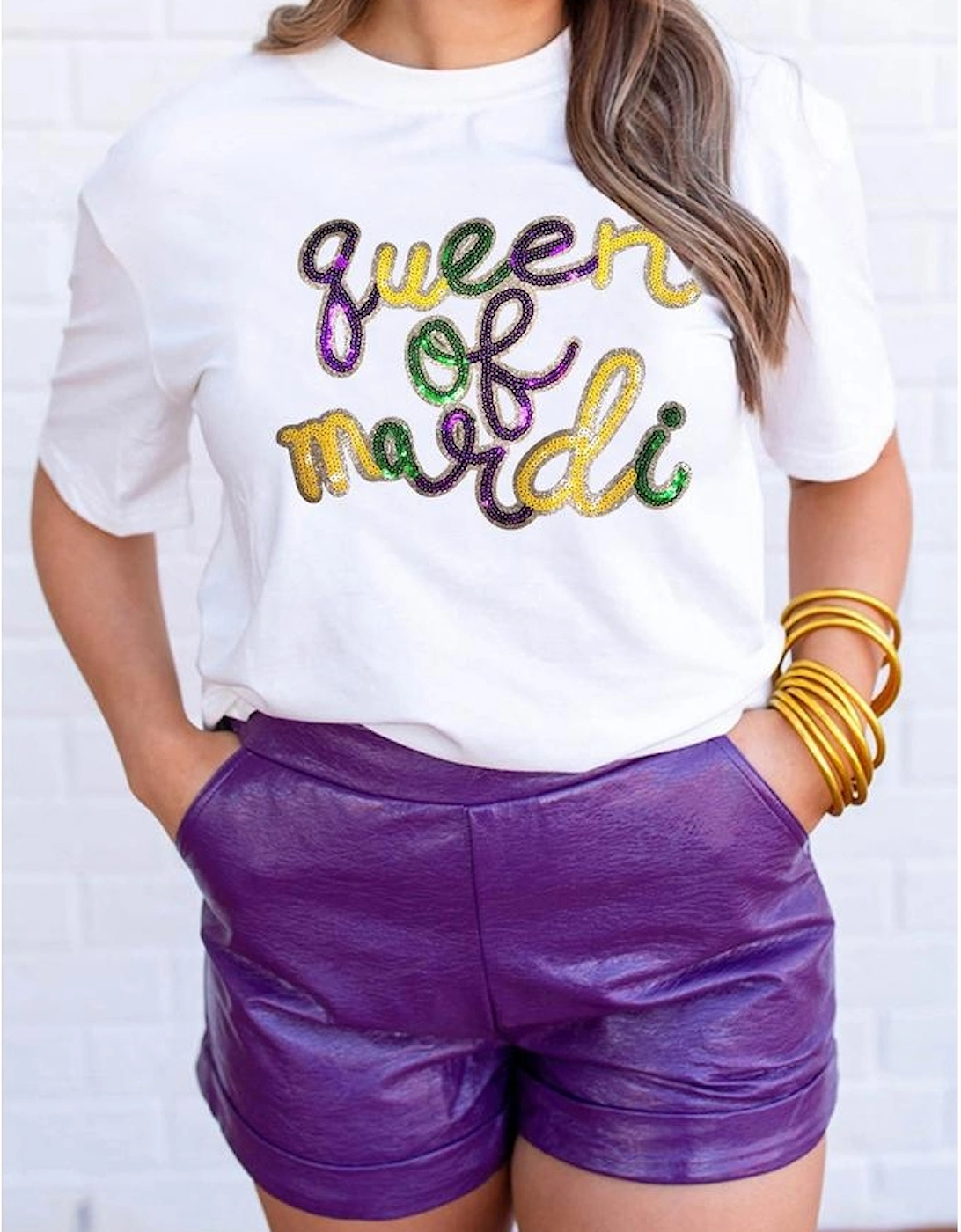 White queen of mardi Sequin Letter Graphic T Shirt