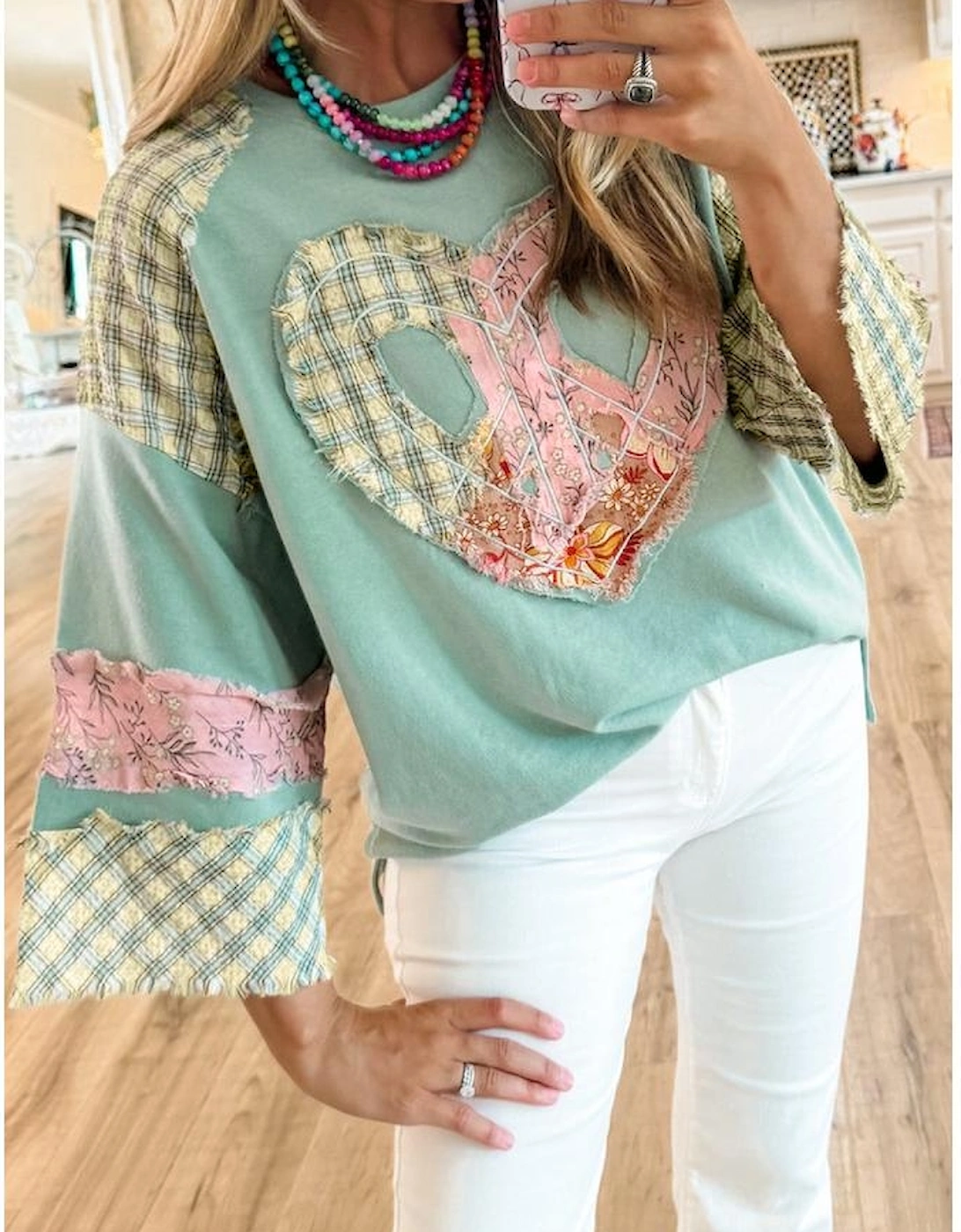 Clearly Aqua Plaid Floral Peace Heart Graphic Wide Long Sleeve Top