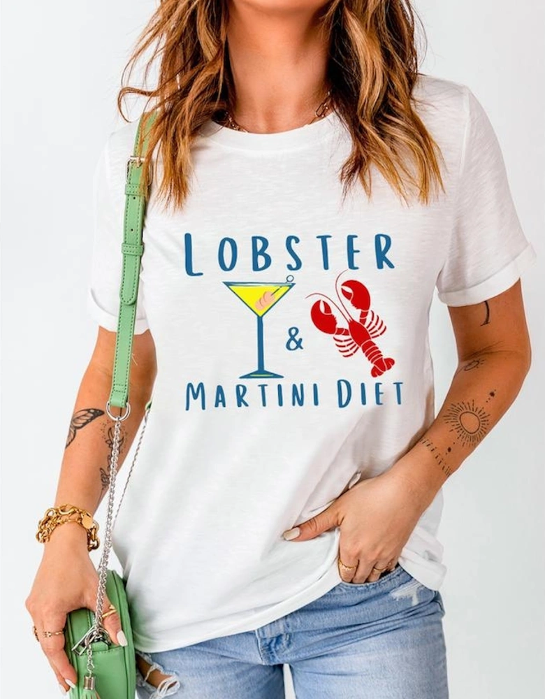 White LOBSTER MARTINI DIET Cocktail & Crawfish Print T Shirt
