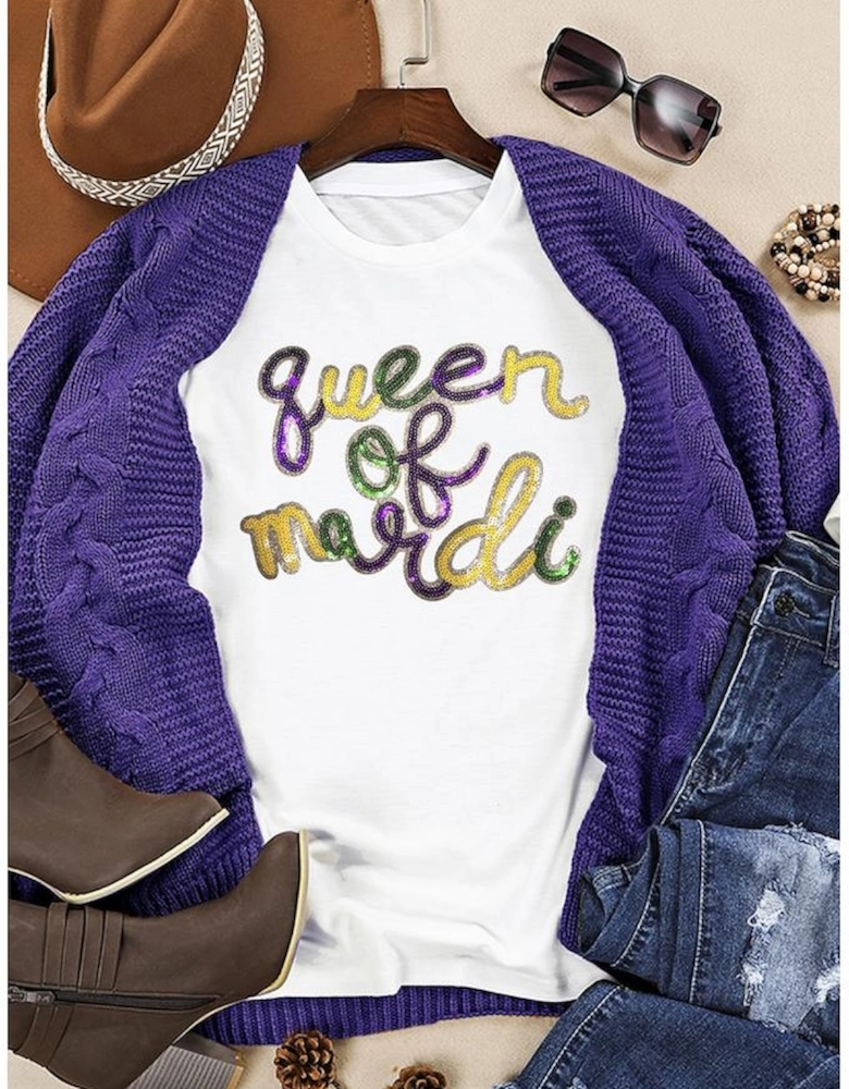 White queen of mardi Sequin Letter Graphic T Shirt