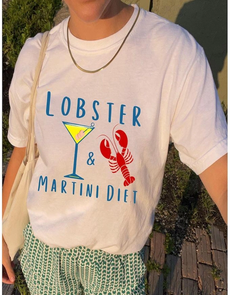 White LOBSTER MARTINI DIET Cocktail & Crawfish Print T Shirt