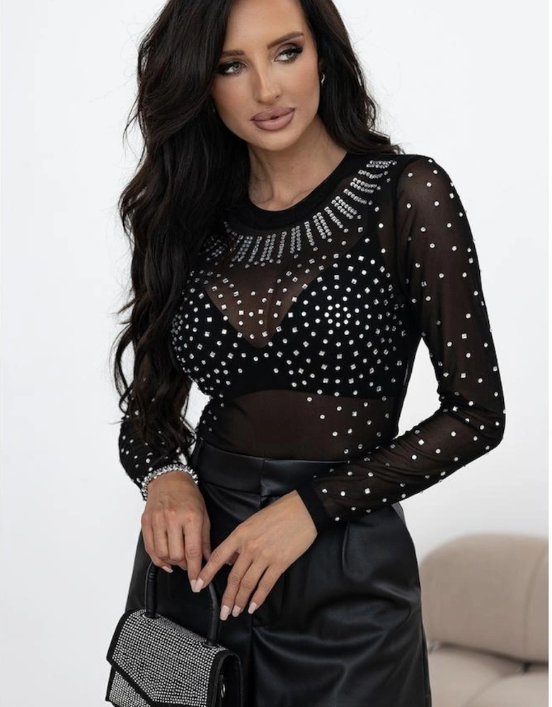 Black Rhinestone Sheer Mesh Long Sleeve Bodysuit