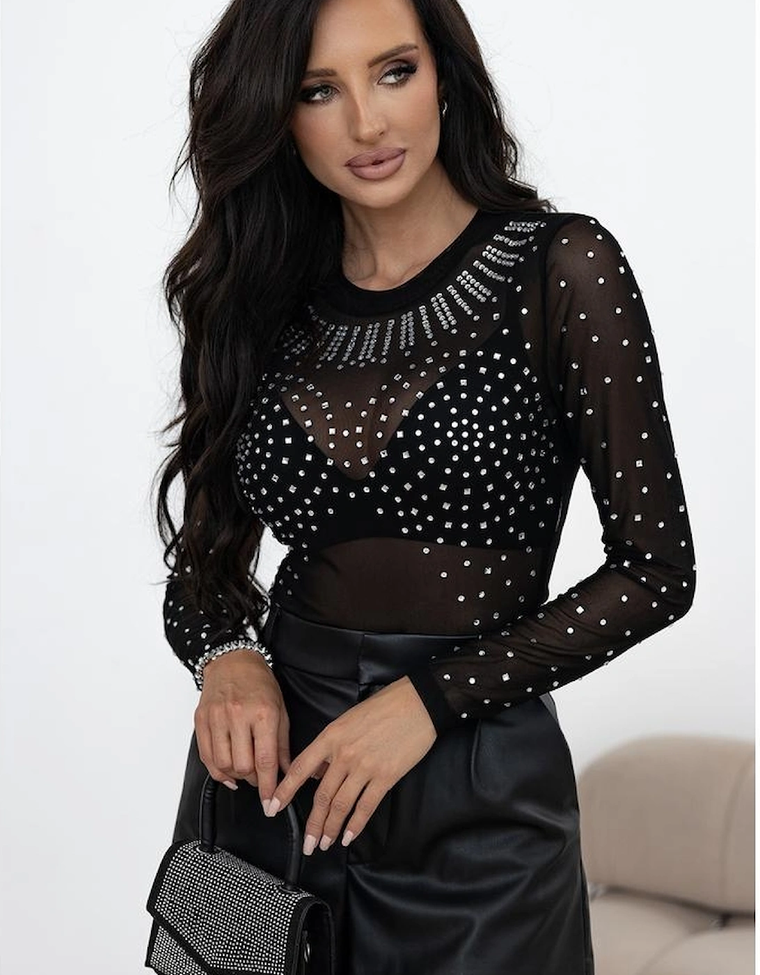 Black Rhinestone Sheer Mesh Long Sleeve Bodysuit